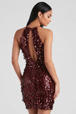 Vestido de cocktail curto com lantejoulas Bodycon Short, Lantejoulas Borgonha, com franjas