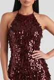 Vestido de cocktail curto com lantejoulas Bodycon Short, Lantejoulas Borgonha, com franjas