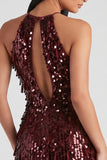 Vestido de cocktail curto com lantejoulas Bodycon Short, Lantejoulas Borgonha, com franjas