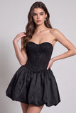 Corset preto, bainha bolha sem alças, vestido de cocktail curto com renda