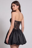 Corset preto, bainha bolha sem alças, vestido de cocktail curto com renda