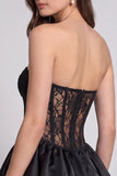 Corset preto, bainha bolha sem alças, vestido de cocktail curto com renda