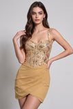 Vestido de cocktail curto com espartilho dourado bodycon chiffon e franzido com lantejoulas