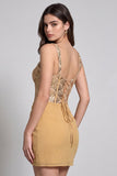 Vestido de cocktail curto com espartilho dourado bodycon chiffon e franzido com lantejoulas