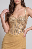 Vestido de cocktail curto com espartilho dourado bodycon chiffon e franzido com lantejoulas