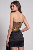 Vestido de cocktail corset preto dourado transparente, sem alças e franzados, com bordas