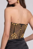 Vestido de cocktail corset preto dourado transparente, sem alças e franzados, com bordas