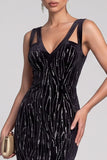 Vestido de noite comprido de veludo com decote em V com decote em V e lantejoulas