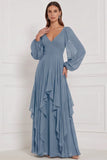 Espresso A-Line A-Line, Mangas bufantes em V, Maxi com folhos e vestido de dama de honor