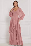 Espresso A-Line A-Line, Mangas bufantes em V, Maxi com folhos e vestido de dama de honor