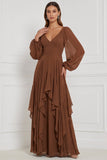 Espresso A-Line A-Line, Mangas bufantes em V, Maxi com folhos e vestido de dama de honor