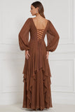 Espresso A-Line A-Line, Mangas bufantes em V, Maxi com folhos e vestido de dama de honor