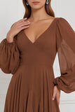 Espresso A-Line A-Line, Mangas bufantes em V, Maxi com folhos e vestido de dama de honor