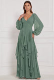Espresso A-Line A-Line, Mangas bufantes em V, Maxi com folhos e vestido de dama de honor