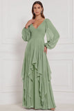 Espresso A-Line A-Line, Mangas bufantes em V, Maxi com folhos e vestido de dama de honor