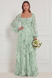 Vestido de dama de honor Sálvia, decote quadrado, decote quadrado estampado de mangas compridas, com folhos e camadas