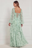 Vestido de dama de honor Sálvia, decote quadrado, decote quadrado estampado de mangas compridas, com folhos e camadas