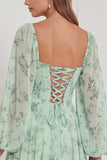 Vestido de dama de honor Sálvia, decote quadrado, decote quadrado estampado de mangas compridas, com folhos e camadas