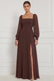 Vestido Maxi de dama de honor Espresso A-Line com decote quadrado e mangas bufantes