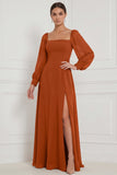 Vestido Maxi de dama de honor Espresso A-Line com decote quadrado e mangas bufantes