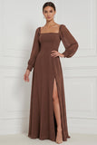 Vestido Maxi de dama de honor Espresso A-Line com decote quadrado e mangas bufantes