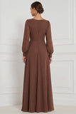 Vestido Maxi de dama de honor Espresso A-Line com decote quadrado e mangas bufantes