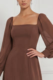 Vestido Maxi de dama de honor Espresso A-Line com decote quadrado e mangas bufantes