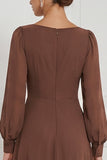 Vestido Maxi de dama de honor Espresso A-Line com decote quadrado e mangas bufantes