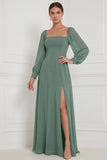 Vestido Maxi de dama de honor Espresso A-Line com decote quadrado e mangas bufantes