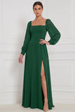 Vestido Maxi de dama de honor Espresso A-Line com decote quadrado e mangas bufantes