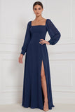 Vestido Maxi de dama de honor Espresso A-Line com decote quadrado e mangas bufantes