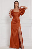 Vestido Maxi de dama de honor espresso com decote quadrado e mangas franzidas