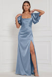 Vestido Maxi de dama de honor espresso com decote quadrado e mangas franzidas