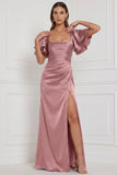 Vestido Maxi de dama de honor espresso com decote quadrado e mangas franzidas