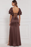 Vestido Maxi de dama de honor espresso com decote quadrado e mangas franzidas