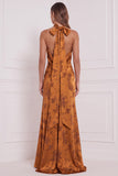 Vestido de dama de honor Maxi estampado em laranja queimado, capuz de bainha e cetim, com fenda lateral