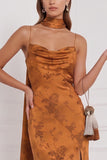 Vestido de dama de honor Maxi estampado em laranja queimado, capuz de bainha e cetim, com fenda lateral