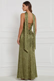 Vestido de dama de honor Maxi franzido sem alças com estampado de oliva e fenda lateral