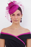 Chapéu Fascinator de Flor de Tecido 3D Fúcsia Sinamay Birdcage Veil com Pena