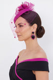 Chapéu Fascinator de Flor de Tecido 3D Fúcsia Sinamay Birdcage Veil com Pena