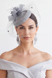 Chapéu Fascinator de Flor de Tecido 3D Fúcsia Sinamay Birdcage Veil com Pena