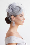 Chapéu Fascinator de Flor de Tecido 3D Fúcsia Sinamay Birdcage Veil com Pena
