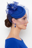 Chapéu Fascinator de Flor de Tecido 3D Fúcsia Sinamay Birdcage Veil com Pena