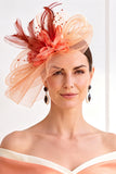 Chapéu Fascinator Fascinator de Tecido Laranja Sinamay em Rede Laranja Tecido 3D Flor Feathers com Missangas