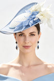 Chapéu Fascinator Azul Branco Sólido Sinamay 3D de Tecido Flor com Penas