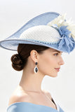 Chapéu Fascinator Azul Branco Sólido Sinamay 3D de Tecido Flor com Penas