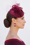 Chapéu fascinator com base de feltro Borgonha 3D flor de rosa crinolina Crinolina Loops Fascinator Hat com penas