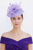 Lilás de Crinolina Lilás Rede de Gaiola de Pássaros Chapéu Fascinator com Penas