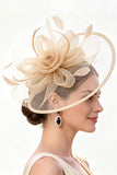 Chapéu Fascinator de Rede de Flor de Crinolina de Champanhe com Penas