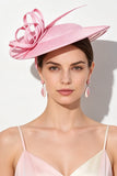 Chapéu fascinator de fitas crinolina cor-de-rosa com penas